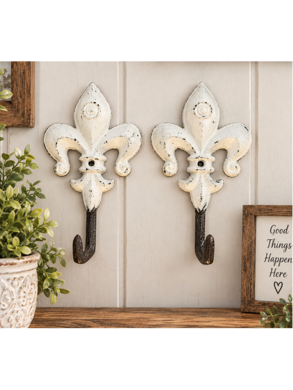 Fleur de Lis Wall Hooks Set of 2 White Distressed Cast Iron 7.5in French Country
